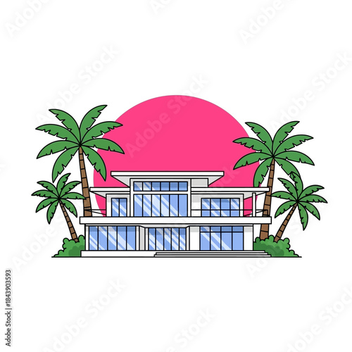 Stylized coastal dream home illustration with palm trees and vibrant sunset backdrop