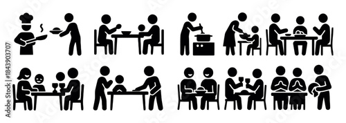 Family and community dinner table icons featuring sharing food and celebrating togetherness through meals and holiday reunions