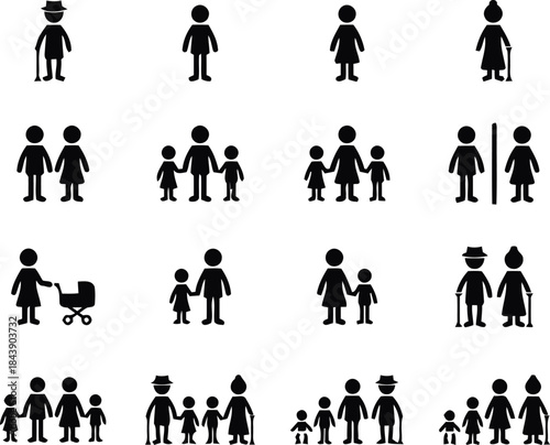 family, people, icon, silhouette, man, woman, child, baby, stroller, elderly, couple, group, parents, grandparents, generation, relationship, human, figure, stick figure, black and white, set, collect