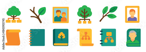 Family tree concept with green foliage and orange blocks representing members of kinship for tracing genealogy