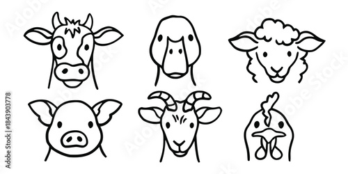cow, duck, sheep, pig, goat, chicken, animal, farm, livestock, head, face, icon, illustration, drawing, sketch, outline, simple, cartoon, cute, domestic, agriculture, mammal, bird, doodle, graphic, se