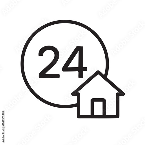 A simple black and white icon depicting a house inside a circle with the number twenty four