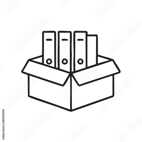 A simple black and white line drawing depicts several ring binders contained within an open cardboard box