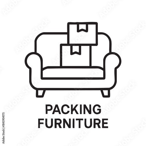 A simple black and white line drawing depicts a sofa with boxes stacked on top labeled packing furniture