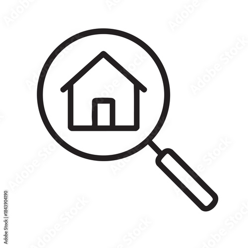 A simple black and white line drawing depicts a magnifying glass focusing on a house icon symbolizing property search