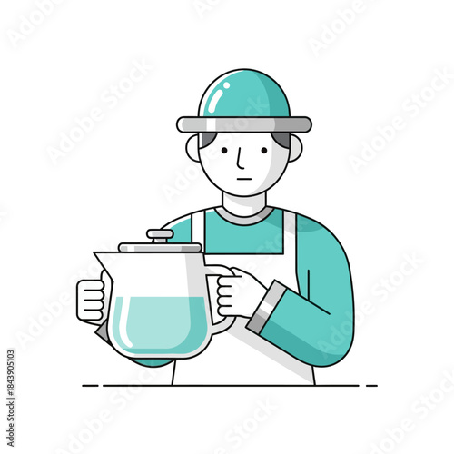 A clean illustration of a person holding a beverage dispenser with a blank expression illustration