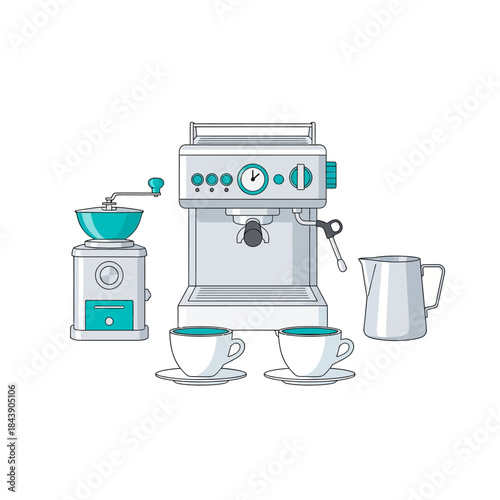 Stylized Coffee Preparation Scene with Machine, Grinder, and Serving Pitcher isolated and on white