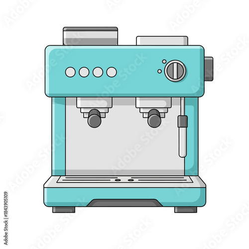 Stylized turquoise espresso machine illustration featuring brewing elements and simplistic features