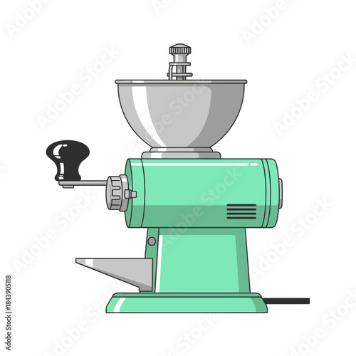 Stylized illustration showcasing a vintage mint green coffee grinder appliance design