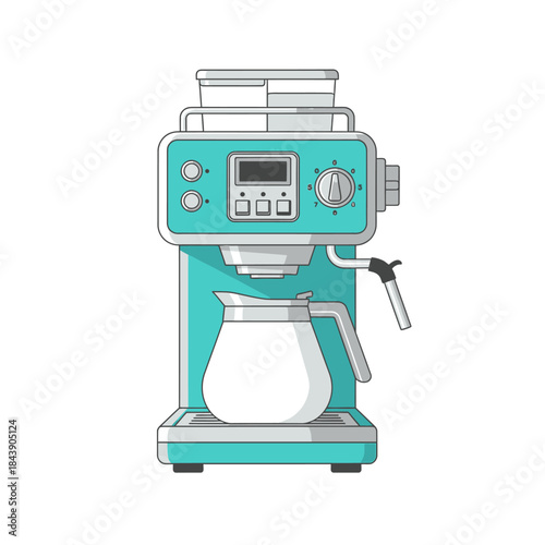 Stylized teal coffee maker illustration showcasing modern kitchen appliance design and function