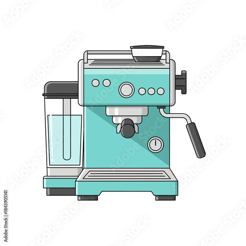 Stylized teal espresso machine illustration showcasing modern kitchen appliance design and barista
