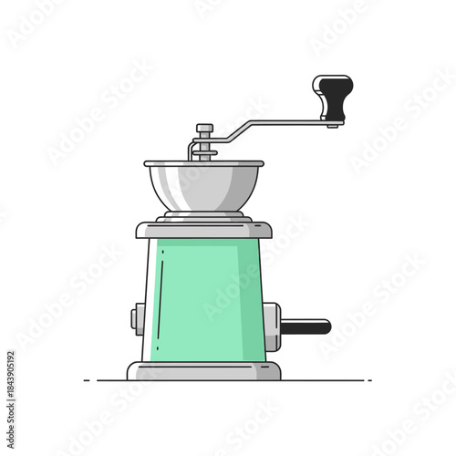 Minimalist illustration of a vintage-style mint green coffee grinder icon design