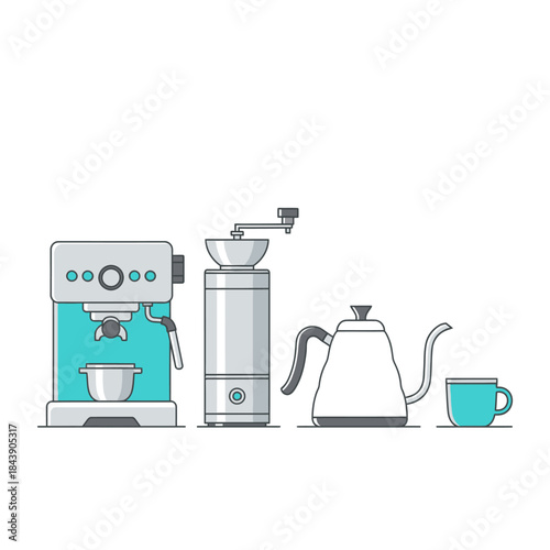 Minimalist kitchen still life showcasing an espresso maker grinder kettle and cup
