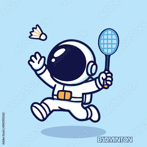 cute astronaut Jumping to catch the shuttlecock with Badminton astronaut, space, badminton, badminton player, sports, cartoon, mascot, illustration, vector, character, astronaut cartoon, space suit, h