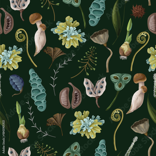 Rewild moss root organic soil earthy raw botanical elements eco seamless vector pattern design