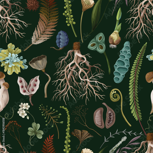 Rewild moss root organic soil earthy raw botanical elements eco seamless vector pattern design