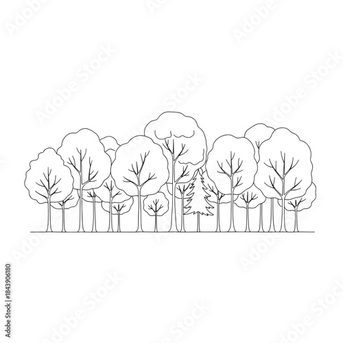 A line drawing of a forest with trees of various sizes. The trees are all lined up in a row, with some trees being taller than others