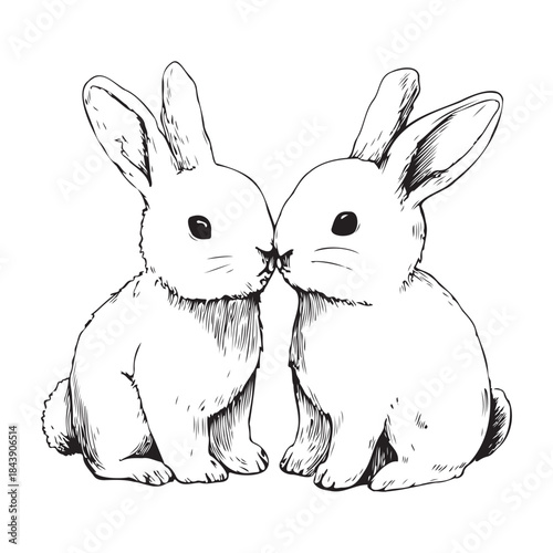 Two rabbits are sitting next to each other and kissing. The image has a cute and playful mood
