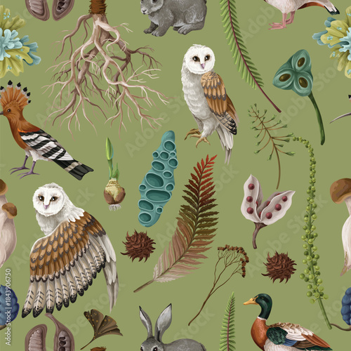 Rewild organic owl vector pattern with earthy moss root elements in raw seamless nature
