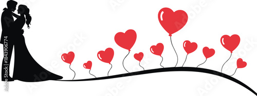Romantic Silhouette of a Couple Embracing Under a Wave of Red Heart Balloons, Representing Love, Marriage, and Valentine's Day.