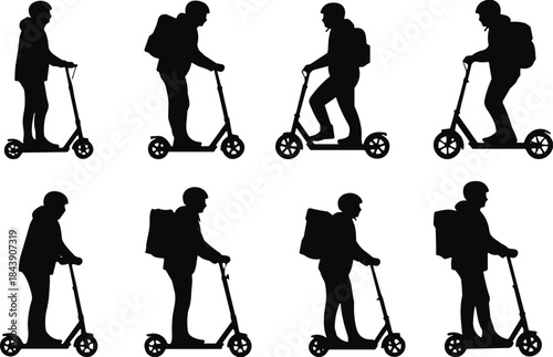 Black silhouette of people riding electric scooters, wearing casual clothing, helmets, and backpacks, depicting urban micro-mobility, last mile transportation