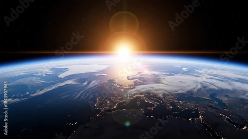 Earth From Space at Sunrise High Angle View of Planet Earth Globe World Space Orbit Light Flare Starfield Universe Cosmos Sky
