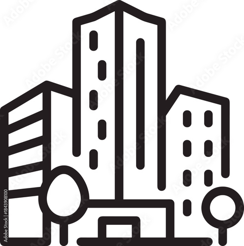 Minimalist line icon of modern city buildings, skyscraper, office tower, urban skyline, metropolis, and real estate symbol