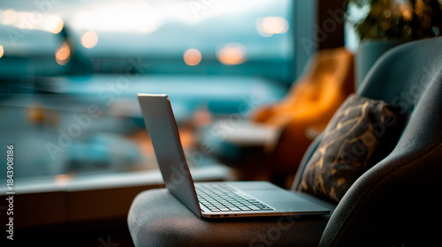 Modern laptop computer positioned on contemporary gray armchair with airplane travel theme heavily defocused background atmosphere faceless person barely visible or absent soft