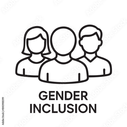 Simple line art illustration depicting three people with the word gender and inclusion below them