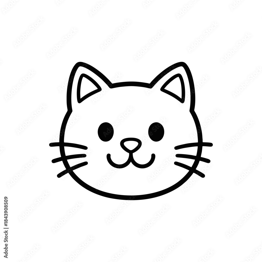 Obraz premium A simple black and white outline drawing of a cute cartoon cat face with whiskers and a smile.