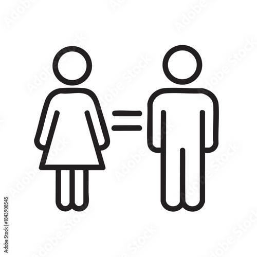 Simple black and white illustration depicting gender equality with a female and male figure connected by an equals sign