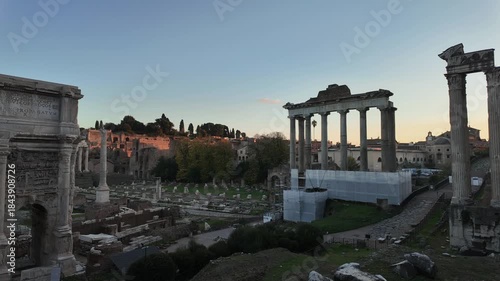 Foro Romano in Rome, Italy, ancient ruins with columns, temples and historic atmosphere of classical antiquity