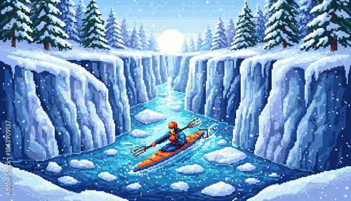 Pixel art kayaker in an orange boat paddles through an icy river gorge surrounded by snowy cliffs and fir trees in a beautiful retro video game landscape