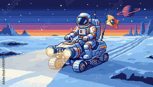 Pixel art astronaut in a spacesuit drives a futuristic tracked vehicle with glowing headlights across a snowy alien planet landscape under a vibrant, starry sky