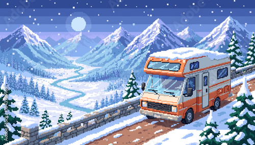 Vintage orange and white motorhome drives on a snowy mountain pass during a serene winter night with a full moon illuminating the pixel art landscape