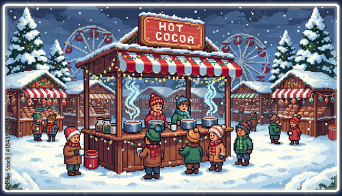 Charming pixel art winter market scene with a hot cocoa stand, festive people, and falling snow at a nighttime fair with a Ferris wheel and decorated trees