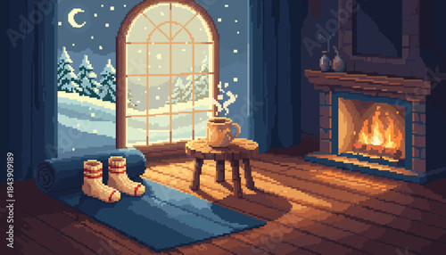 Cozy pixel art living room interior with a glowing fireplace, a steaming mug on a table, and a large arched window revealing a snowy winter night
