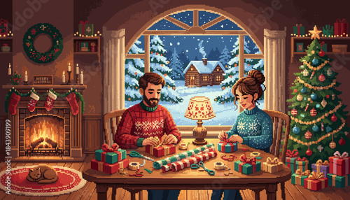 Pixel art couple wearing festive sweaters wrapping Christmas presents together in a cozy, warmly lit room with a fireplace and decorated tree