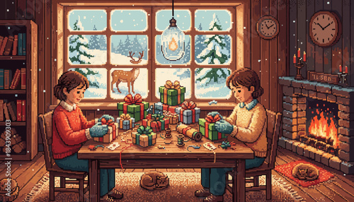 Two people wrapping Christmas gifts at a wooden table in a cozy rustic room with a fireplace, a sleeping cat, and a snowy view in a nostalgic pixel art style illustration