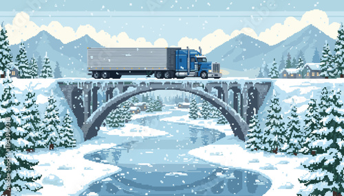 Blue semi-truck with a silver trailer drives over a stone arch bridge in a snowy mountain landscape, rendered in a charming retro pixel art style with falling snow