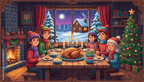 Happy pixel art family in sweaters and hats enjoys a festive Christmas dinner with roast turkey in a cozy, warm cabin with a fireplace and decorated tree