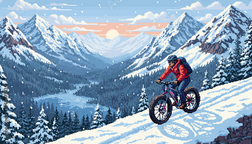 Person riding a fat bike down a snowy mountain slope in a retro pixel art style, with a scenic alpine valley and sunrise visible in the distance
