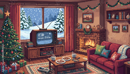 Cozy pixel art living room decorated for Christmas with a glowing tree, a warm fireplace, and a retro television showing a movie on a snowy winter night