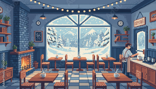 Cozy pixel art cafe interior with a warm fireplace, a barista making coffee, and a large window looking out onto a snowy winter mountain scene