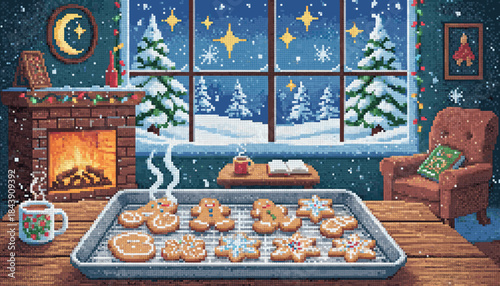 Cozy pixel art Christmas living room with a warm fireplace, steaming gingerbread cookies on a tray, and a snowy winter night view through the window