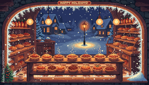 Pixel art bakery shop window filled with warm, steaming pies on display, creating a cozy and festive scene on a snowy winter night