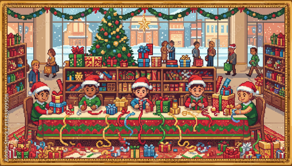 Obraz premium Pixel art illustration of children dressed as elves wrapping Christmas presents at a long table in a busy toy workshop with a decorated tree and a snowy winter scene