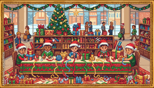 Pixel art illustration of children dressed as elves wrapping Christmas presents at a long table in a busy toy workshop with a decorated tree and a snowy winter scene