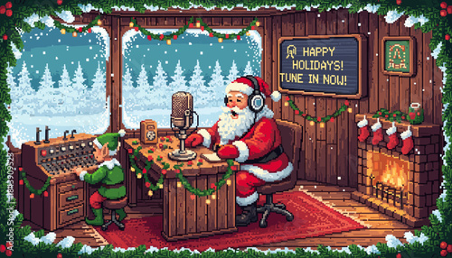 Pixel art Santa Claus and an elf broadcasting a festive holiday radio show from a cozy wooden cabin with a fireplace and snowy winter landscape