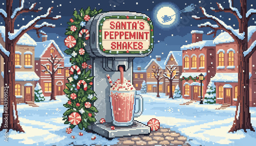 Charming pixel art peppermint shake machine dispenses a holiday beverage into a glass mug next to a decorated tree in a snowy town square at night